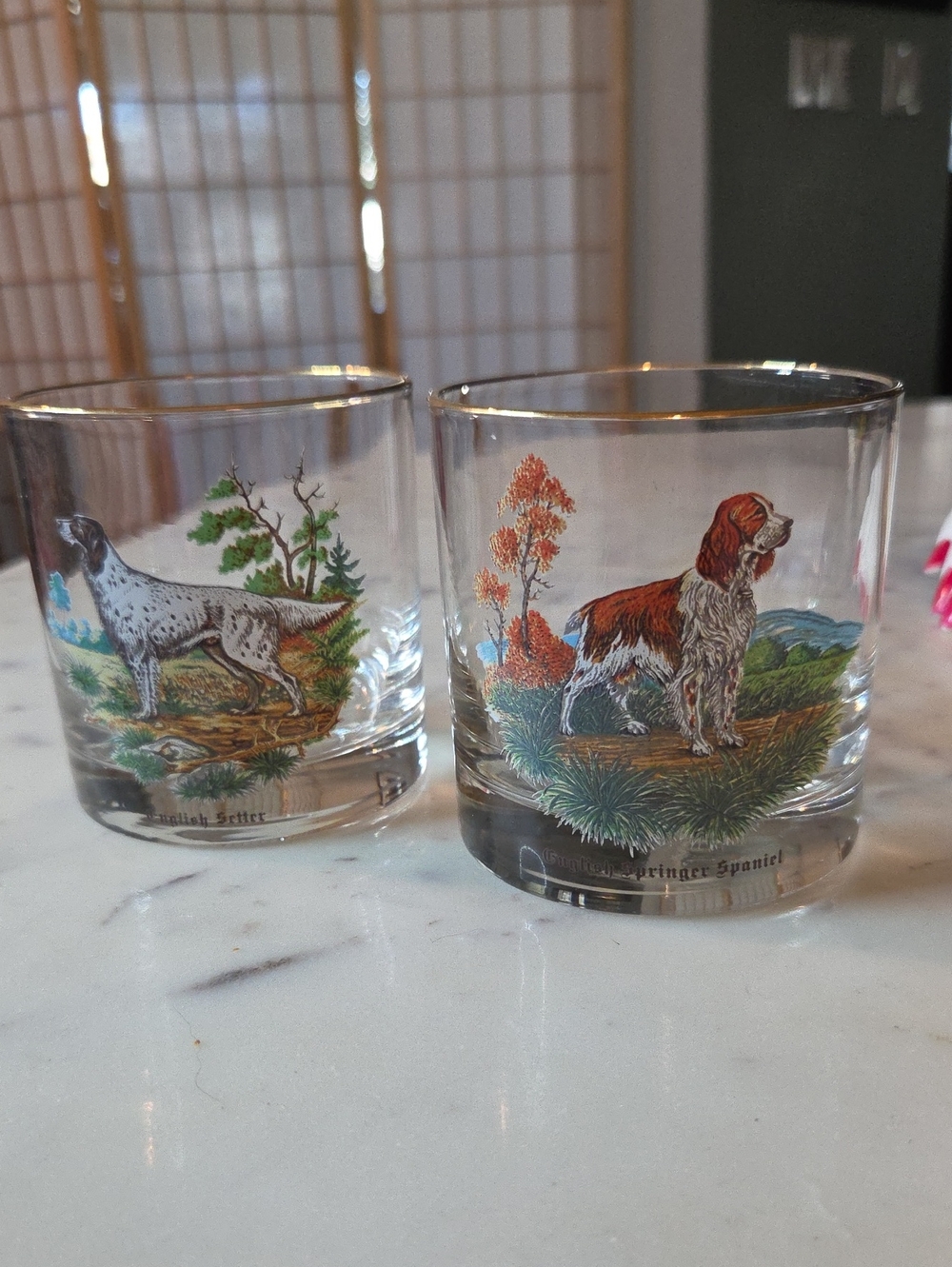 Anchor Hocking Hunting Dogs Gold Rim "On the Rocks" Glasses (2) RARE